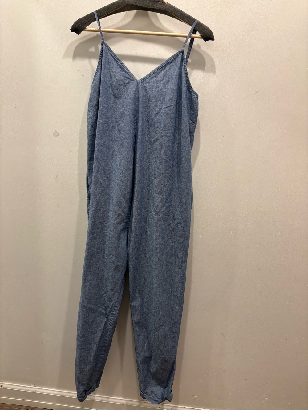 Hatch Maternity Light Blue Chambray Spaghetti-Strap Jumpsuit